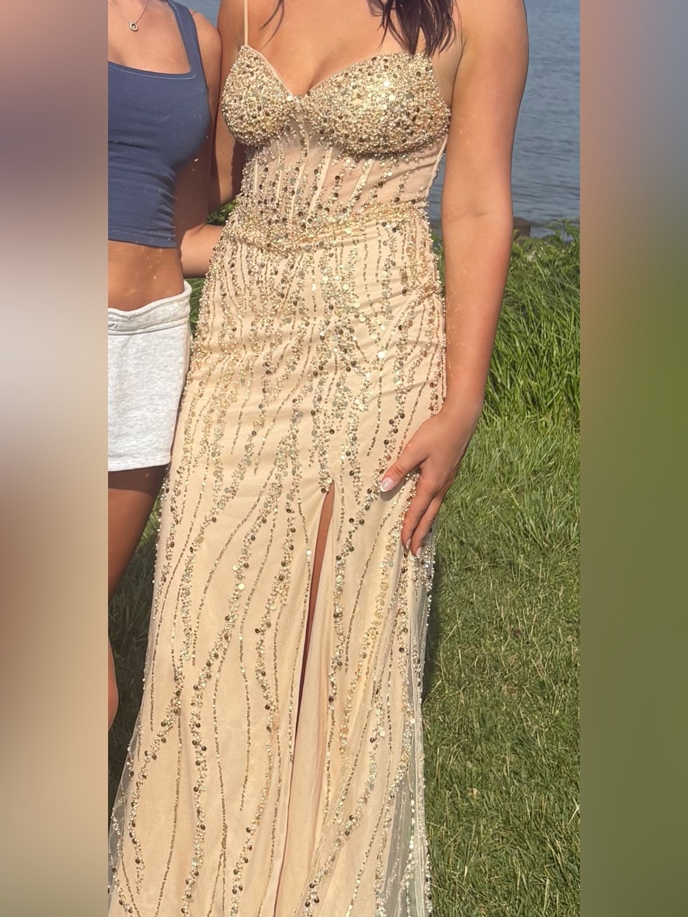 Beaded Champagne Evening Gown with Front Slit PROM